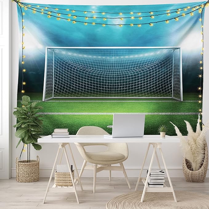 Ambesonne Soccer Tapestry, Soccer Goal Post Sports Area Winner Loser Line Floodlit Best Team Finals Game Theme, Fabric Wall Hanging Decor for Bedroom Living Room Dorm, 45" X 30", Green and Blue