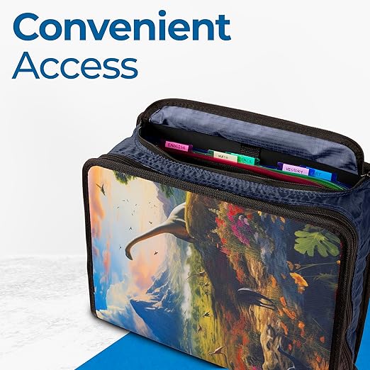 Case-it Mighty Zip Tab School Zipper Binder | 3-Inch O-Rings, 600-Sheet Capacity, 5-Subject Expanding File Folder, Multiple Pockets & Storage Organizer, Shoulder Strap | D-146 Dinosaur Mountain