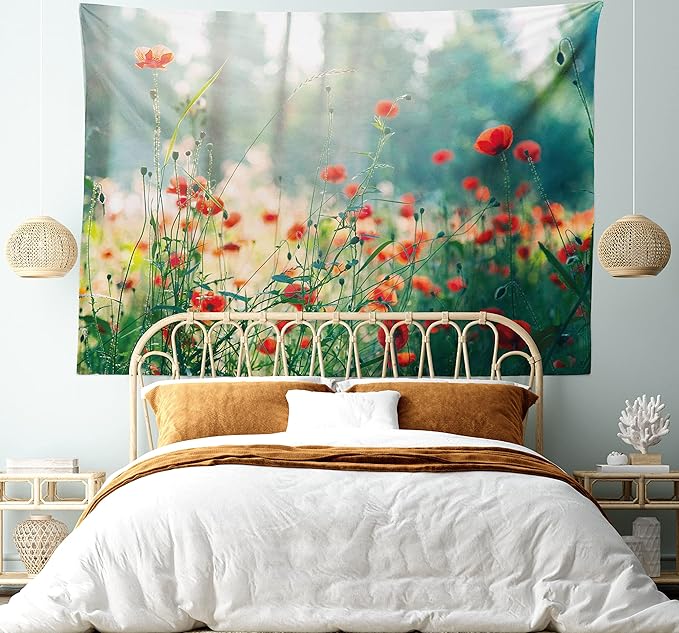 Ambesonne Nature Tapestry, Wild Red Poppy Flowers Field Summertime Sunbeams Gardening Bedding Plants, Wide Wall Hanging for Bedroom Living Room Dorm, 80" X 60", Red Green Yellow