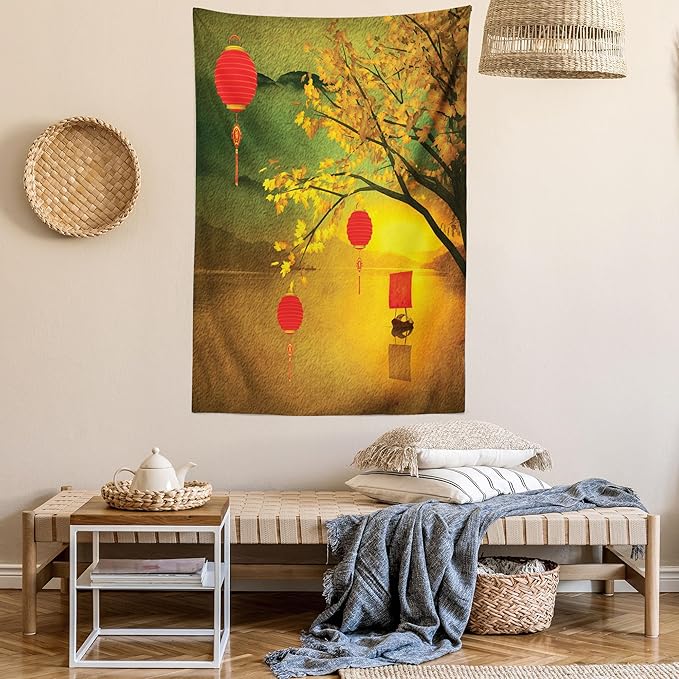Ambesonne Oriental Tapestry, Traditional Chinese Folk Hanging from Pale Fall Trees Lake Faded Nature Photo, Fabric Wall Hanging Decor for Bedroom Living Room Dorm, 23" X 28", Yellow Green