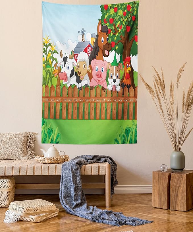 Ambesonne Cartoon Tapestry Twin Size, Composition Farm Animals on Fence Comic Mascots Dog Cow Horse Design, Wall Hanging Bedspread Bed Cover Wall Decor, 68" X 88", Green Multicolor