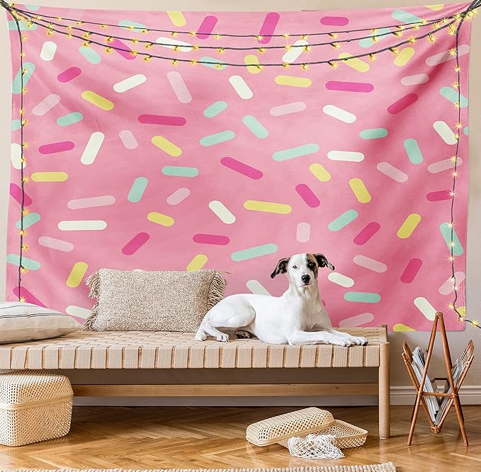 Ambesonne Pink and White Tapestry, Abstract Pattern of Colorful Donut Sprinkles Tasty Food Bakery Theme, Fabric Wall Hanging Decor for Bedroom Living Room Dorm, 28" X 23", Pink Yellow