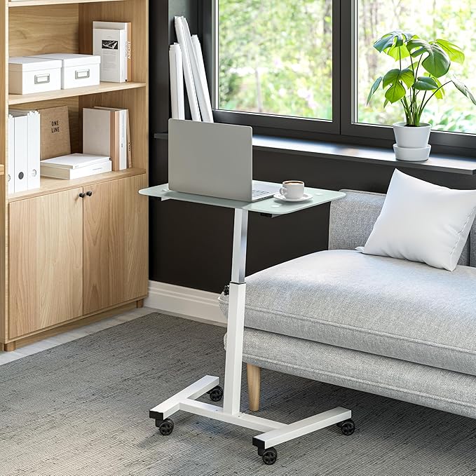 Seville Classics Airlift Mobile Height Adjustable Laptop Stand Computer Workstation for Sitting Ergonomic Desk Cart Table w/Wheels, Tempered Glass (24"), White