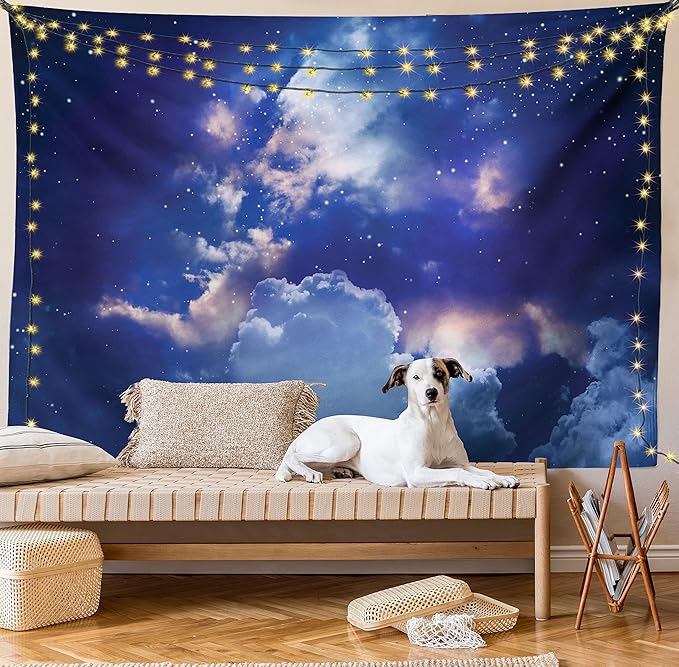 Ambesonne Space Tapestry Queen Size, Magic Sky View with Star and Clouds Celestial Colorful World Cosmic Expanse Theme, Wall Hanging Bedspread Bed Cover Wall Decor, 88" X 88", White and Blue