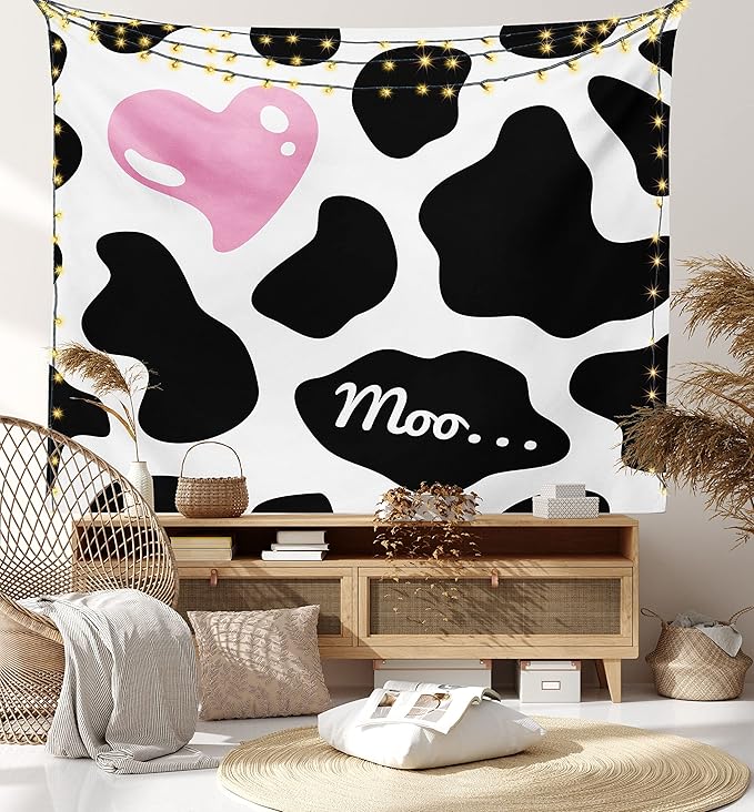 Ambesonne Cow Print Tapestry Twin Size, Camouflage Hide Skin Pattern in Pastel Color Shades Heart Shape Moo, Wall Hanging Bedspread Bed Cover Wall Decor, Twin Size, Pink Black White