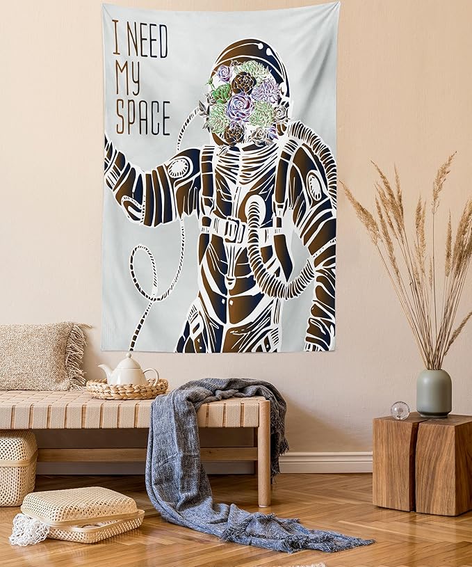 Ambesonne Outer Space Tapestry, Funny Love Words with a Floral Head Cosmonaut Pilot Man Humor Illustration, Wall Hanging for Bedroom Living Room Dorm Decor, 40" X 60", Grey Brown