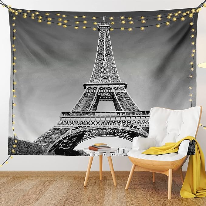 Ambesonne Eiffel Tower Tapestry Queen Size, Paris Landmark Monochrome Picture of Cityscape European Urban Famous Place Image, Wall Hanging Bedspread Bed Cover Wall Decor, 88" X 88", Grey