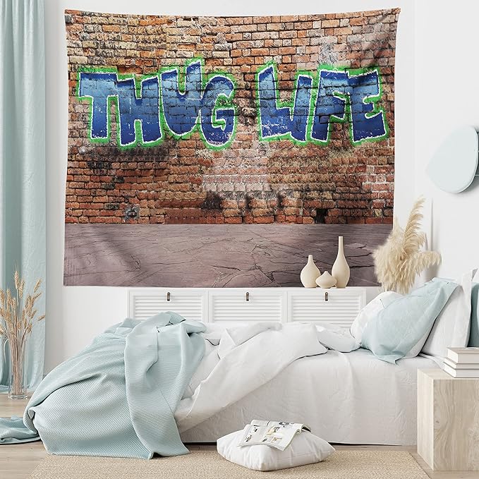 Ambesonne Thug Life Tapestry King Size, Graffiti Style Words on a Brick Wall Street Urban Art Hip Hop Rap Culture Theme, Wall Hanging Bedspread Bed Cover Wall Decor, 104" X 88", Brown Blue