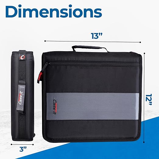 Case-it Classic Zipper Binder | 2-Inch O-Rings, 350 Sheet Capacity, Multiple Storage Pockets & Shoulder Strap | School & Office Organizer | D-251 Jet Black | 6 Pack