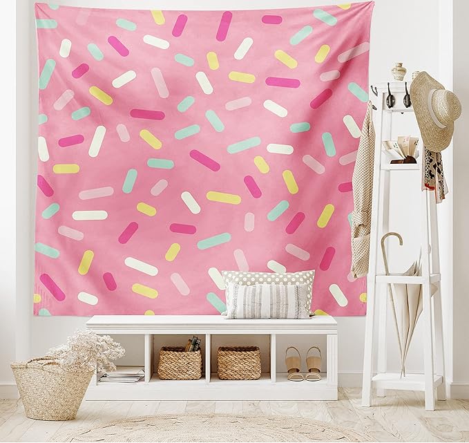 Ambesonne Pink and White Tapestry, Abstract Pattern of Colorful Donut Sprinkles Tasty Food Bakery Theme, Fabric Wall Hanging Decor for Bedroom Living Room Dorm, 28" X 23", Pink Yellow