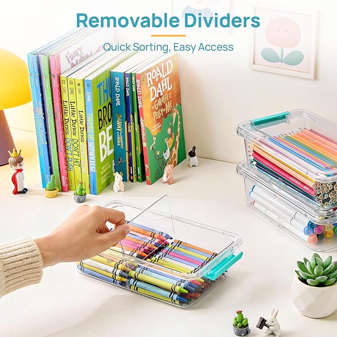 Vtopmart 4 Pack 1.5 Qt Clear Pencil Box, Plastic Pencil Holder with Removable Divider for Pen Organizer, Stackable Containers with Lid for Pen, Art Craft, Sticker, Scrapbook & Office Supplies