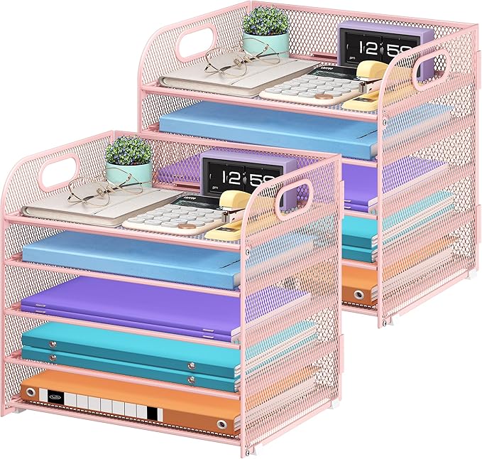 2 Pack 5 Tier Paper Organizer, Letter Tray with Handle, Mesh Desk Organizer, Metal File Organizer, Office Desk Accessories for Home, Office, Classroom, School -Pink
