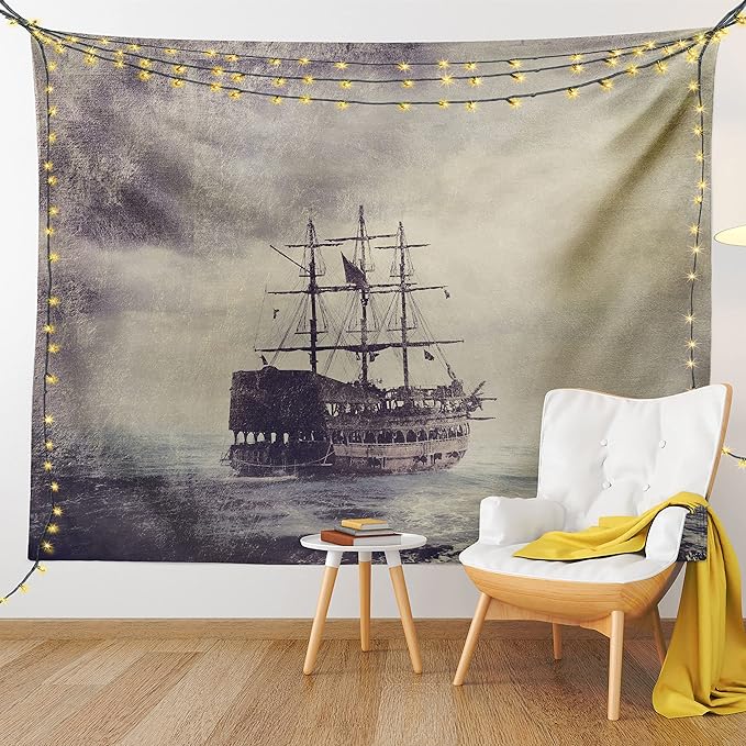 Ambesonne Nautical Tapestry King Size, Old Pirate Ship in the Sea Historical Cruise Retro Voyage Grunge Style Art, Wall Hanging Bedspread Bed Cover Wall Decor, 104" X 88", Tan Plum