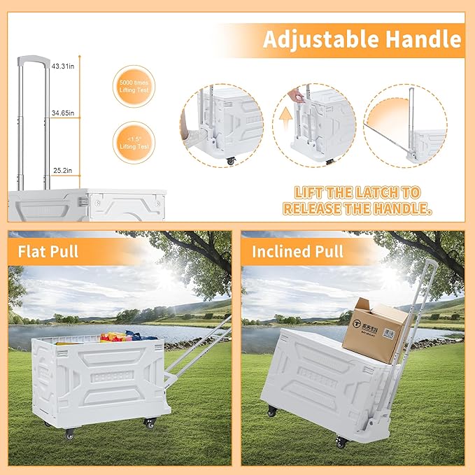 VECELO 23 GAL Large Capacity Foldable Utility Cart with Wheels - Heavy Duty Collapsible Rolling Cart for Shopping, Travel, Office & Home - Portable Luggage Cart with Telescoping Handle, White