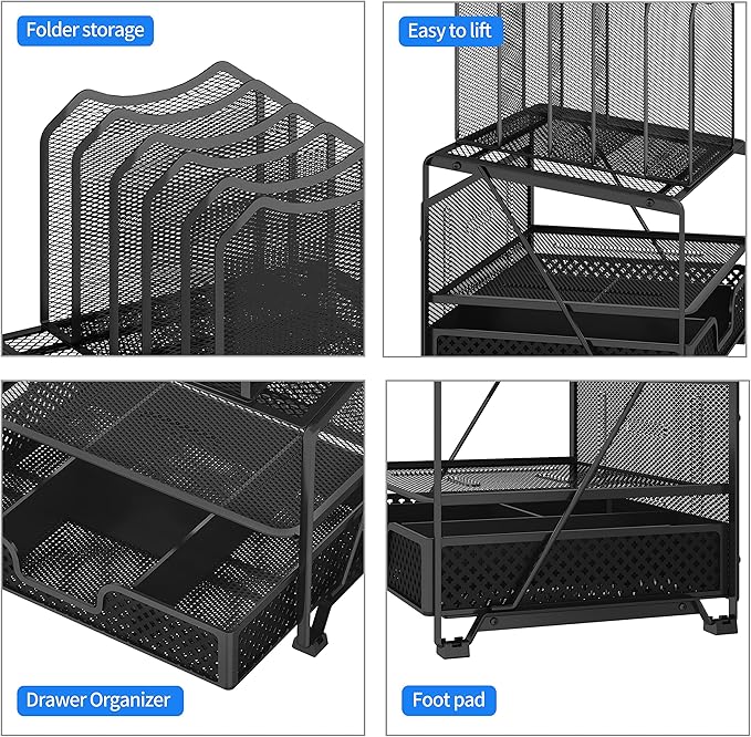 Simple Trending Mesh Desk Organizer with Sliding Drawer, Double Tray with 5 Sections File Bookshelf, Black