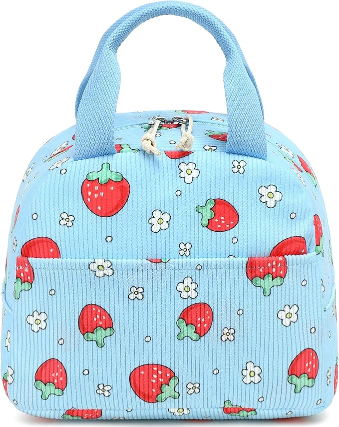 LEDAOU Lunch Box for Women Insulated Lunch Bag Corduroy Lunch Tote Bags Leakproof Cooler Lunch Case for Travel Work Picnic (Blue Strawberry)