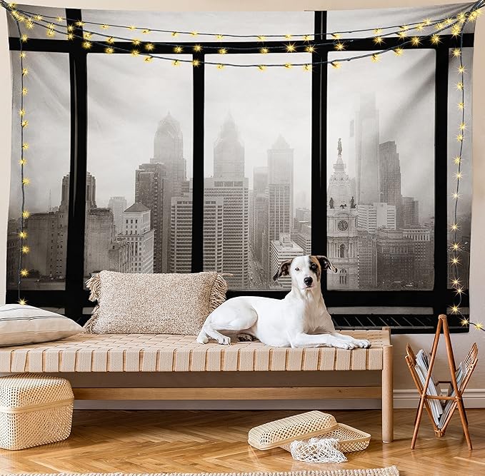 Ambesonne City Tapestry, Philadelphia City Rooftop View Through Window Skyline Landmark Rooftop Travel, Fabric Wall Hanging Decor for Bedroom Living Room Dorm, 30" X 45", Grey Black
