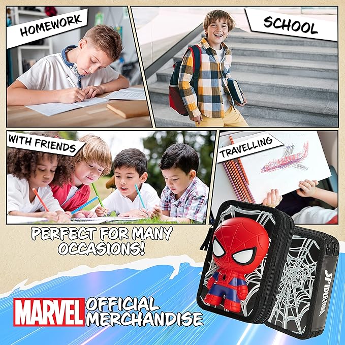 Marvel Boy's Pencil Case, Pencil Case with Compartments Filled School Supplies, Felt, Coloured Pencil, Spiderman Avengers Back to School Gift