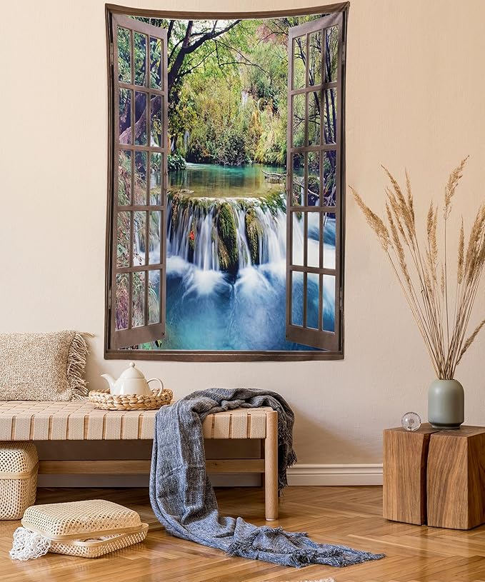 Ambesonne Waterfall Tapestry, Wide Waterfall Deep down in the Forest Seen from a City Window Epic Surreal Print, Fabric Wall Hanging Decor for Bedroom Living Room Dorm, 23" X 28", Brown Black
