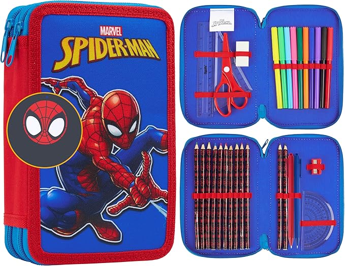 Marvel Spiderman Pencil Case with Colored Pencils Markers School Supplies Set Pen Holder Stationery Art Kit Gifts for Boys (Multi)