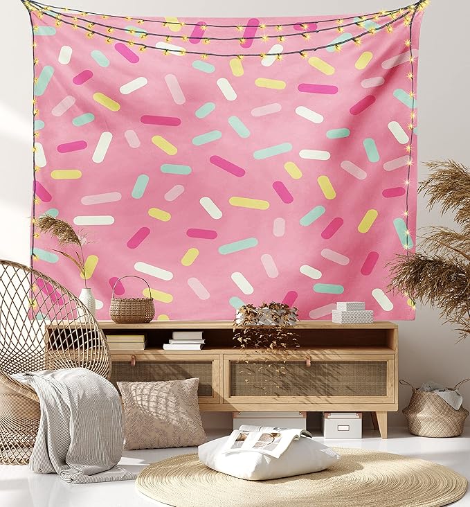 Ambesonne Pink and White Tapestry, Abstract Pattern of Colorful Donut Sprinkles Tasty Food Bakery Theme, Fabric Wall Hanging Decor for Bedroom Living Room Dorm, 28" X 23", Pink Yellow