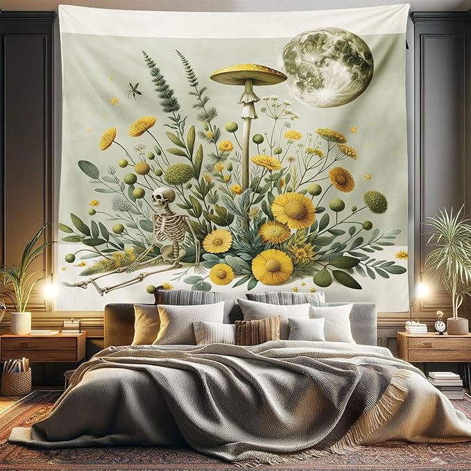 Ambesonne Trippy Tapestry King Size, Bohemian Botany Feel Leafy Jungle Flowers with Skeleton and Moon Ornate, Wall Hanging Bedspread Bed Cover Wall Decor, 104" X 88", Pale Green Earth Yellow