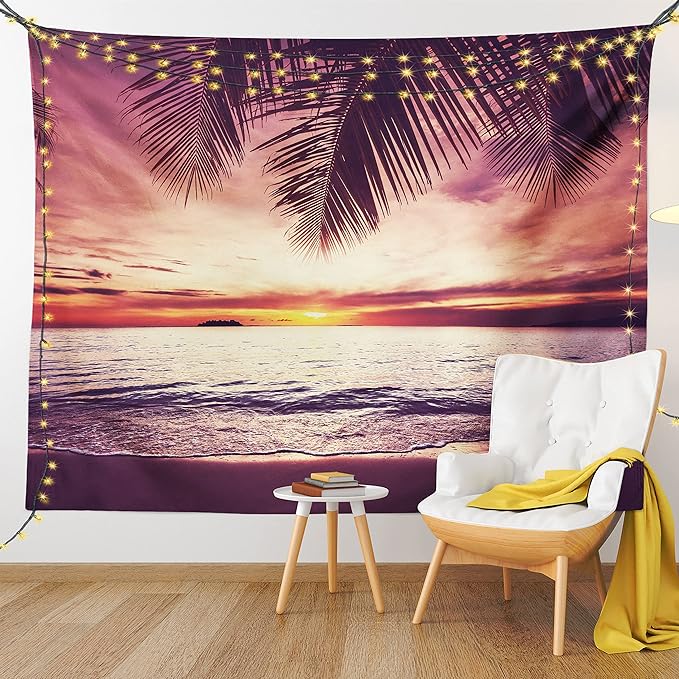 Ambesonne Palm Tree Tapestry, Tropical Beach Under Shadows at Sunset Ocean Waves Serenity of Paradise in Nature, Fabric Wall Hanging Decor for Bedroom Living Room Dorm, 28" X 23", Yellow Purple