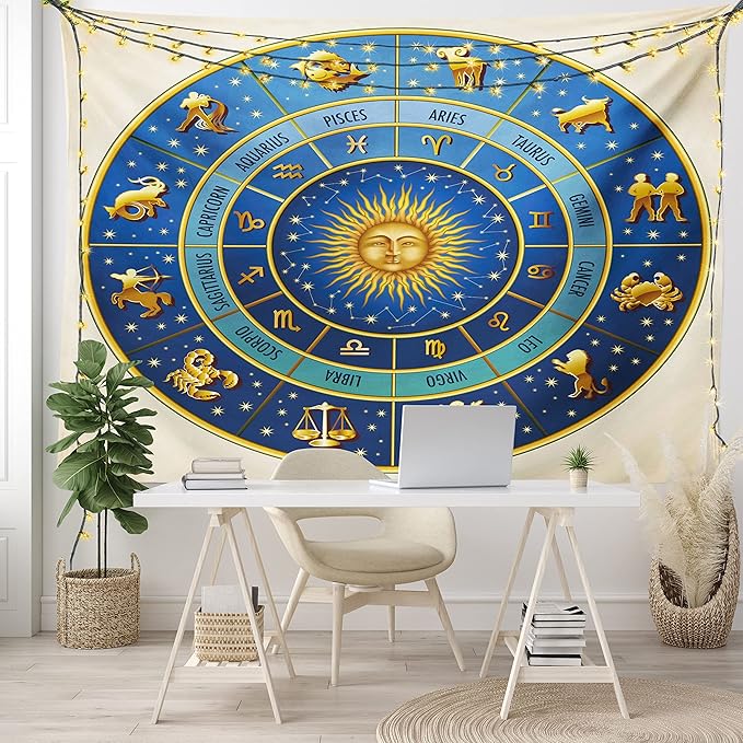 Ambesonne Astrology Tapestry King Size, Wheel of Astrological Signs Names Dates Moon Sun in Middle, Wall Hanging Bedspread Bed Cover Wall Decor, King Size, Blue Yellow and Cream