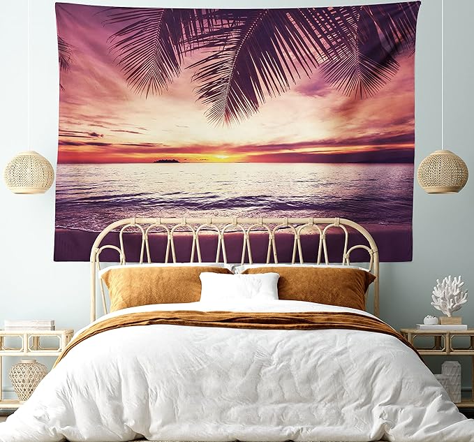 Ambesonne Palm Tree Tapestry, Tropical Beach Under Shadows at Sunset Ocean Waves Serenity of Paradise in Nature, Fabric Wall Hanging Decor for Bedroom Living Room Dorm, 28" X 23", Yellow Purple