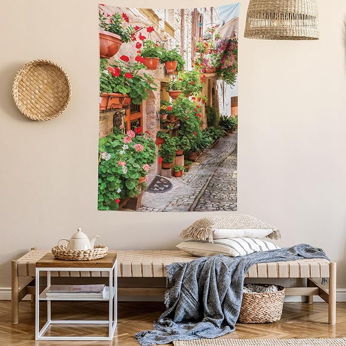 Ambesonne Italian Tapestry Twin Size, Street View of a Small Renaissance Town with Floral Porches and Rock Mediterranean, Wall Hanging Bedspread Bed Cover Wall Decor, 68" X 88", Pale Brown