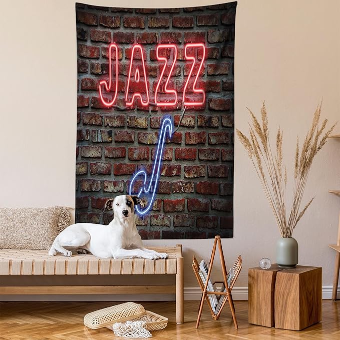 Ambesonne Music Tapestry, Image of Alluring Neon All Jazz Sign Saxophone Instrument on Brick Wall Print, Fabric Wall Hanging Decor for Bedroom Living Room Dorm, 30" X 45", Red Blue