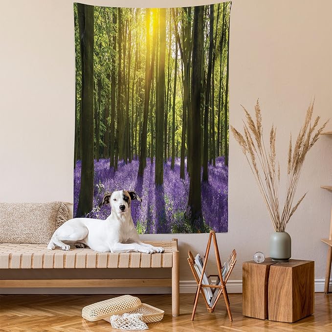 Ambesonne Woodland Tapestry Queen Size, Sunbeams in the Forest of Bluebells Blooms Deep in Woodland Oxfordshire, Wall Hanging Bedspread Bed Cover Wall Decor, 88" X 88", Violet Green Yellow