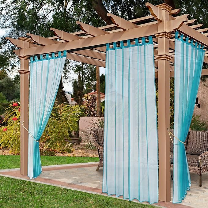 NICETOWN 2 Panels Voile Sheer Outdoor Curtains for Patio Waterproof, Self Sticky Tab Top Airy & Lightweight Indoor Outdoor Sheer Drapes for Porch/Pergola, Turquoise, W54 x L96