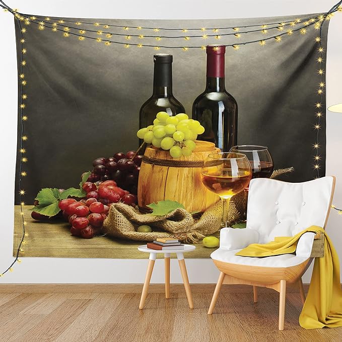 Ambesonne Winery Tapestry, Cask Bottles and Glasses of Wine and Ripe Grapes on Wooden Table Picture Print, Fabric Wall Hanging Decor for Bedroom Living Room Dorm, 30" X 45", Grey Taupe