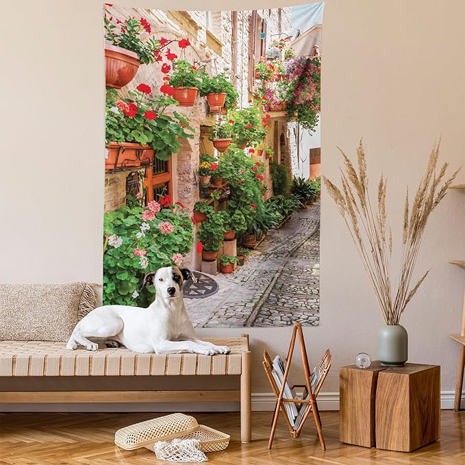 Ambesonne Italian Tapestry Twin Size, Street View of a Small Renaissance Town with Floral Porches and Rock Mediterranean, Wall Hanging Bedspread Bed Cover Wall Decor, 68" X 88", Pale Brown