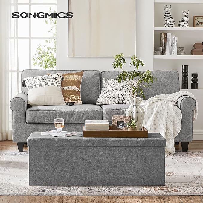 SONGMICS 43 Inches Folding Storage Ottoman Bench, Set of 2, Storage Chest, Foot Rest Stool, Bedroom Bench with Storage, Light Gray, ULSF422G02
