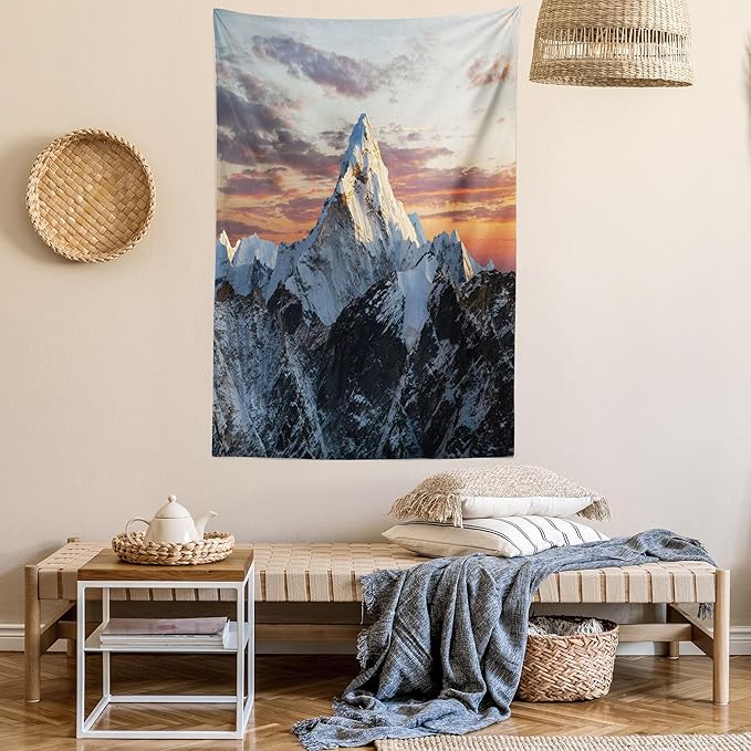 Ambesonne Mountain Tapestry Queen Size, Evening South High Hill Above the Sky Colorful Nepal Everest Photo, Wall Hanging Bedspread Bed Cover Wall Decor, 88" X 88", Bluegrey Salmon