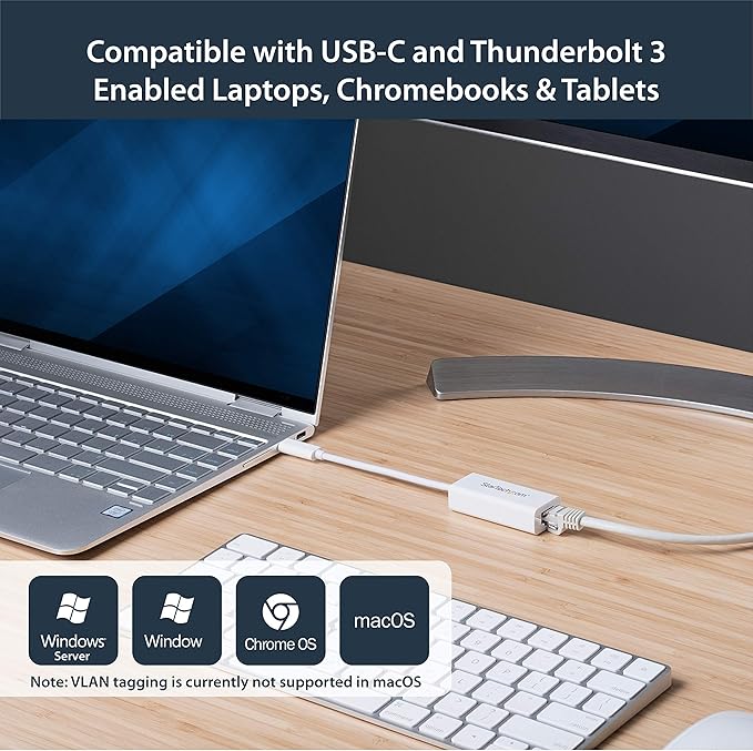 StarTech.com USB-C to Gigabit Ethernet Adapter - White - Thunderbolt 3 / 4 Compatible - Windows & Mac - RJ45 LAN Network Converter (US1GC30W)