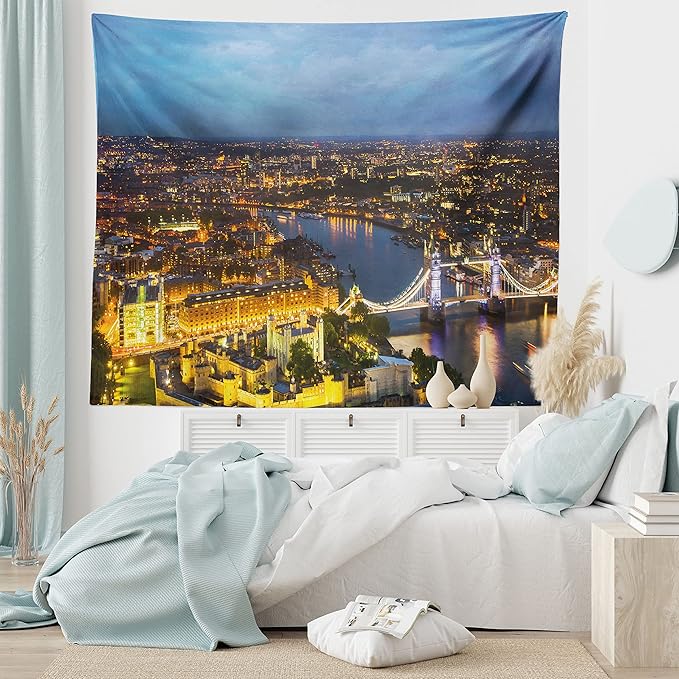 Ambesonne Modern Tapestry, Sunset at London England Cityscape Night Time and Tower Bridge Landmark Urban, Fabric Wall Hanging Decor for Bedroom Living Room Dorm, 45" X 30", Yellow Bluegrey
