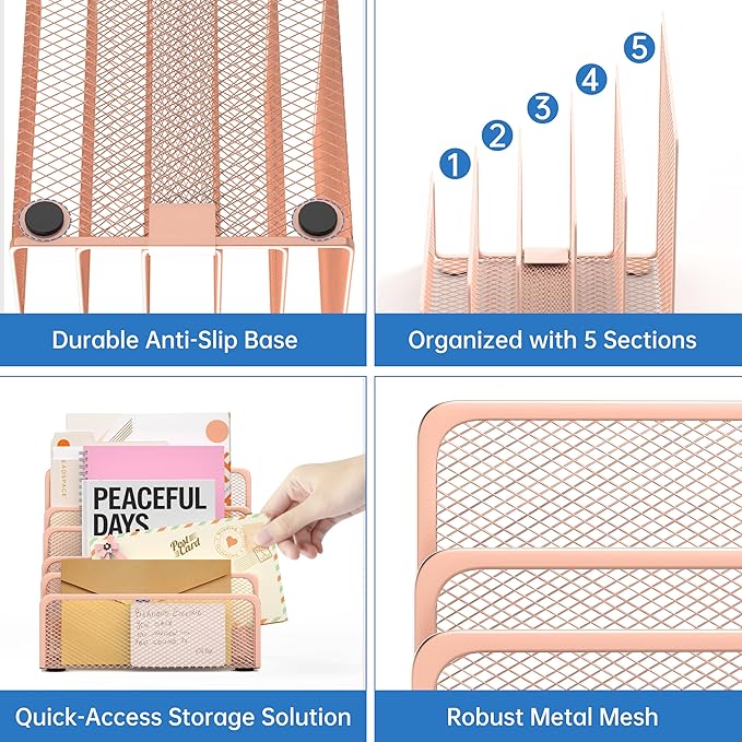 Mail Organizer Countertop with 5 Slot, Metal Mail Holder for Desk, File Holder Letter Sorter for Envelope, Bill and Document (Rose Gold)