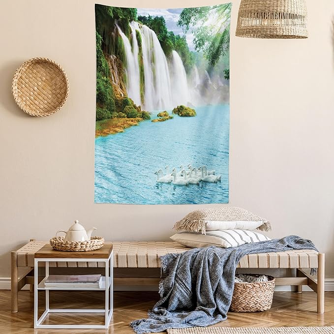 Ambesonne Waterfall Tapestry, Image of a Grand Waterfall with Swans in the Lake Sunny Day Nature Print, Fabric Wall Hanging Decor for Bedroom Living Room Dorm, 30" X 45", White Green