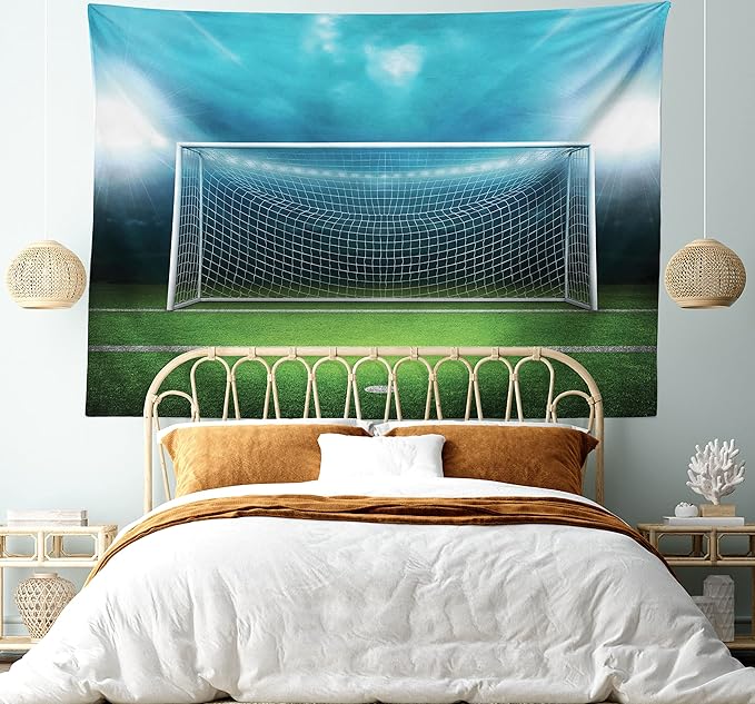 Ambesonne Soccer Tapestry, Soccer Goal Post Sports Area Winner Loser Line Floodlit Best Team Finals Game Theme, Fabric Wall Hanging Decor for Bedroom Living Room Dorm, 45" X 30", Green and Blue