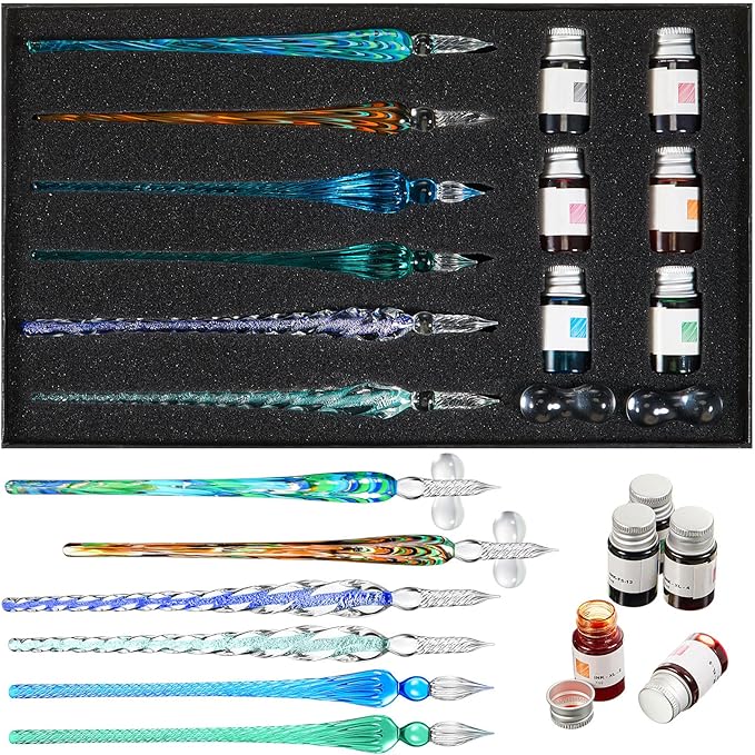 Zonon Glass Dipped Pen Ink Set 14 Pcs Include 6 Pcs Glass Dip Pen, 6 Colorful India Ink and 2 Holder Crystal Signature Calligraphy for Art, Writing, Gift(Green Color System)