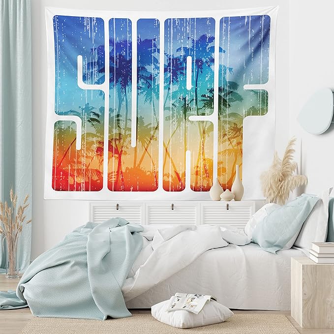 Ambesonne Surf Tapestry King Size, Summer Theme Retro Letters That Reflect the Seacoast Palm Tree Extreme Sports Art, Wall Hanging Bedspread Bed Cover Wall Decor, 104" X 88", Navy Orange