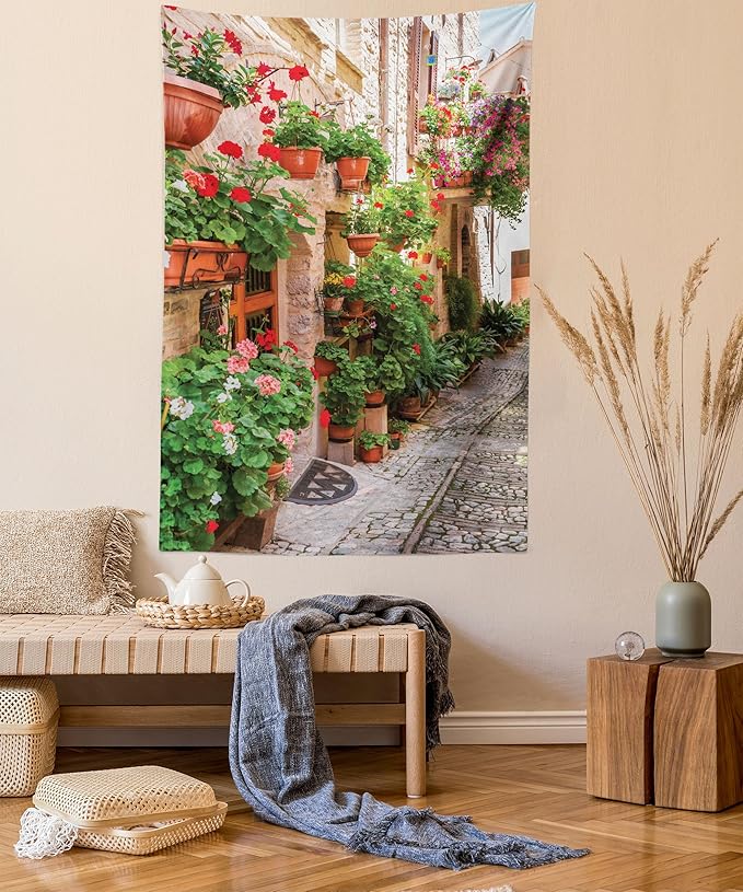 Ambesonne Italian Tapestry Twin Size, Street View of a Small Renaissance Town with Floral Porches and Rock Mediterranean, Wall Hanging Bedspread Bed Cover Wall Decor, 68" X 88", Pale Brown