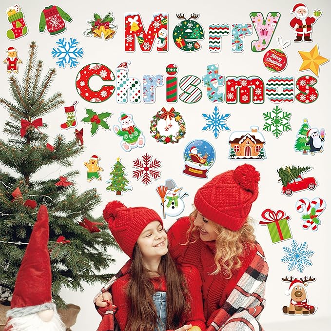 Merry Chritmas Bulletin Board Decoration Set - 83 Pcs Christmas Cutouts for Bulletin Board Decor with Border Xmas Holiday Wall Decals for Kids Teacher Classroom School Party Decoration Supplies