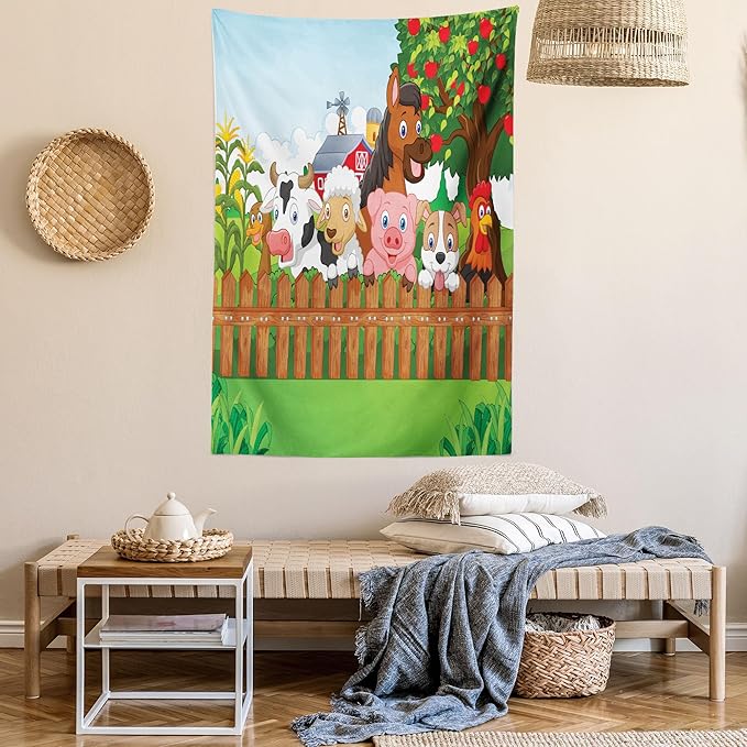Ambesonne Cartoon Tapestry Twin Size, Composition Farm Animals on Fence Comic Mascots Dog Cow Horse Design, Wall Hanging Bedspread Bed Cover Wall Decor, 68" X 88", Green Multicolor