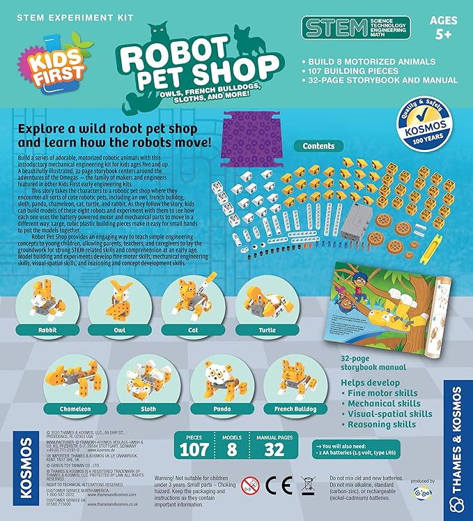 Thames & Kosmos Kids First Robot Pet Shop: Owls, French Bulldogs, Sloths & More! STEM Experiment Kit for Young Engineers | Build 8 Motorized Robots of Cute Animals | Play & Learn with Storybook Manual