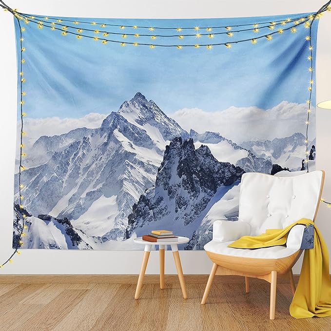 Ambesonne Winter Tapestry, Snowy Rocky Mountain Peaks Tops Scene High Lands ICY Frozen Swiss Outdoor Art, Wide Wall Hanging for Bedroom Living Room Dorm, 60" X 40", Blue and White