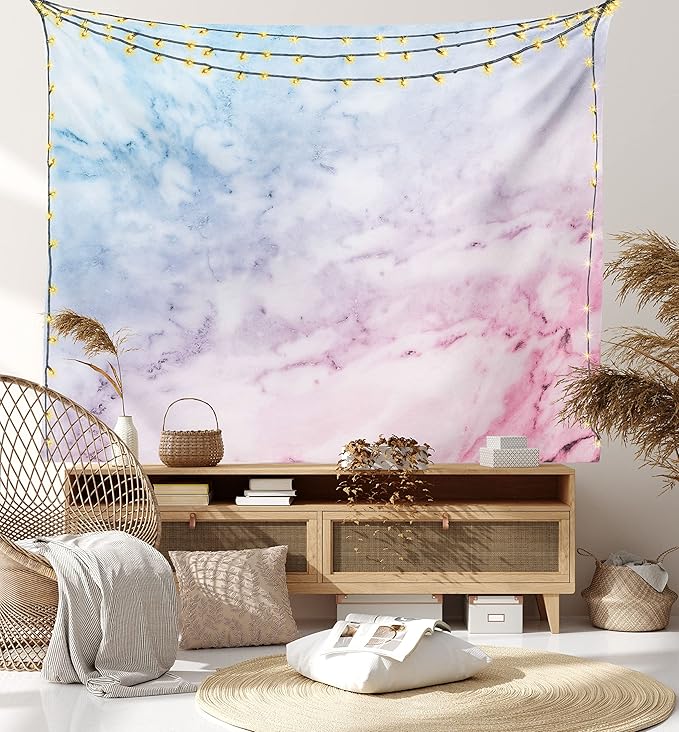 Ambesonne Marble Print Tapestry Queen Size, Pastel Toned Cloudy Crack Lines Stained Antique Shabby Design, Wall Hanging Bedspread Bed Cover Wall Decor, 88" X 88", Pink
